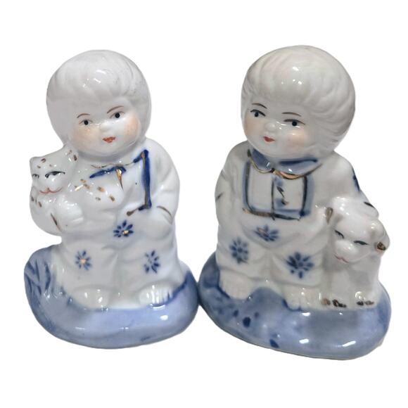 2-Vintage Porcelain Figurines Blue & White Boy w/Dog & Girl w/Cat Collectible - Picture 1 of 9